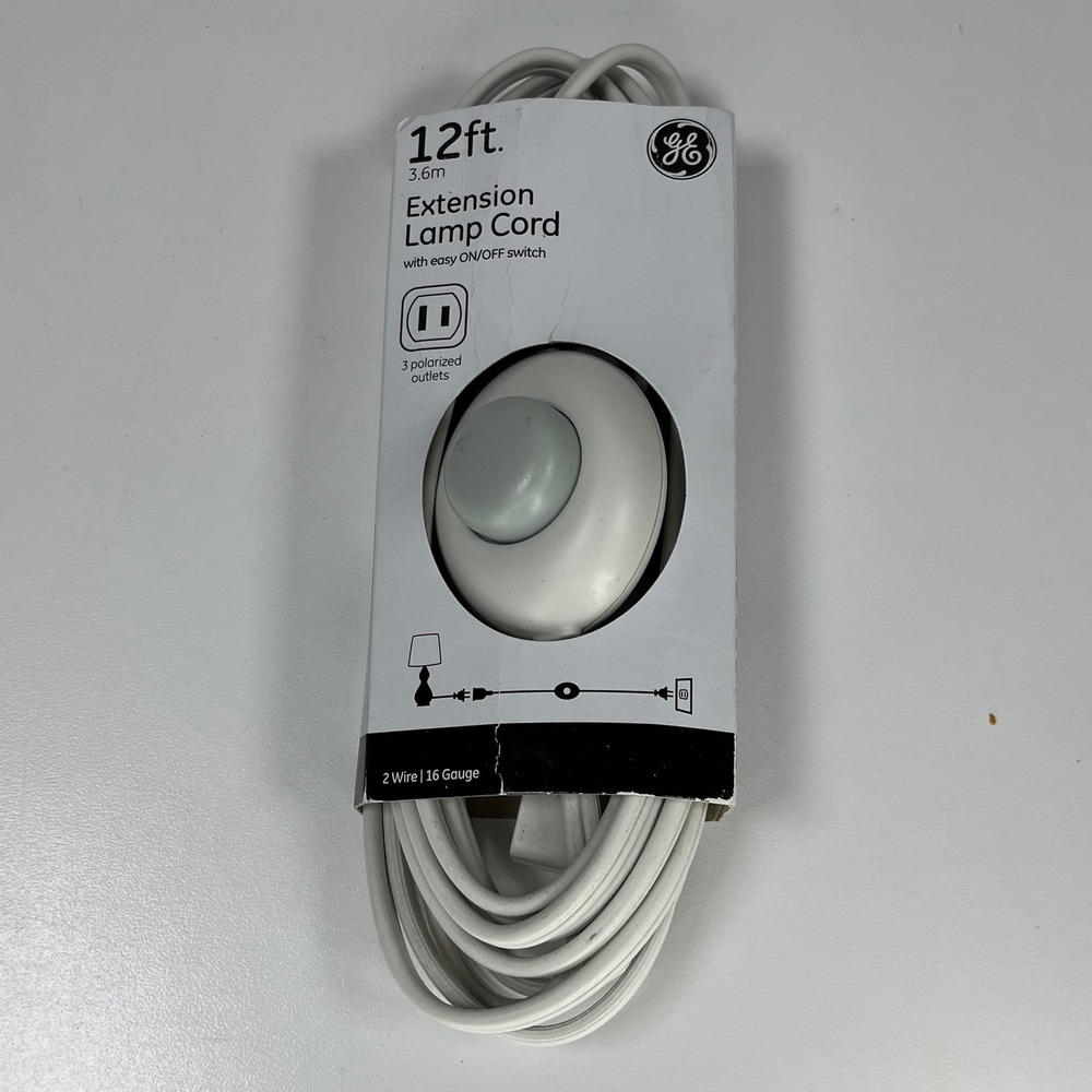 GE 12ft Extension Lamp Cord with ON/OFF Switch 3 Polarized Outlets White 39607